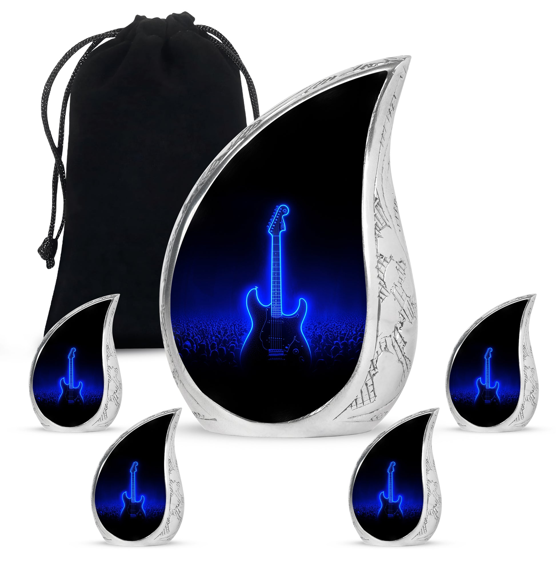 Deep Black Guitar Cremation Urn side profile showing urn shape - rounded teardrop guitar design with delicate detail - memorial set with one large and four small urns