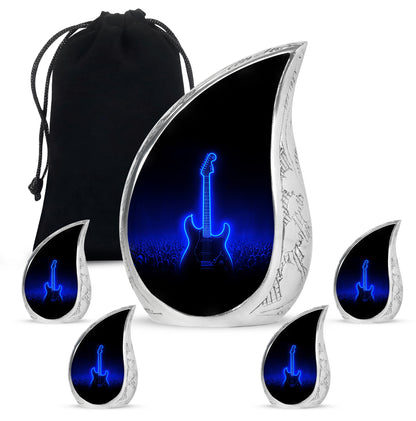 Deep Black Guitar Cremation Urn side profile showing urn shape - rounded teardrop guitar design with delicate detail - memorial set with one large and four small urns