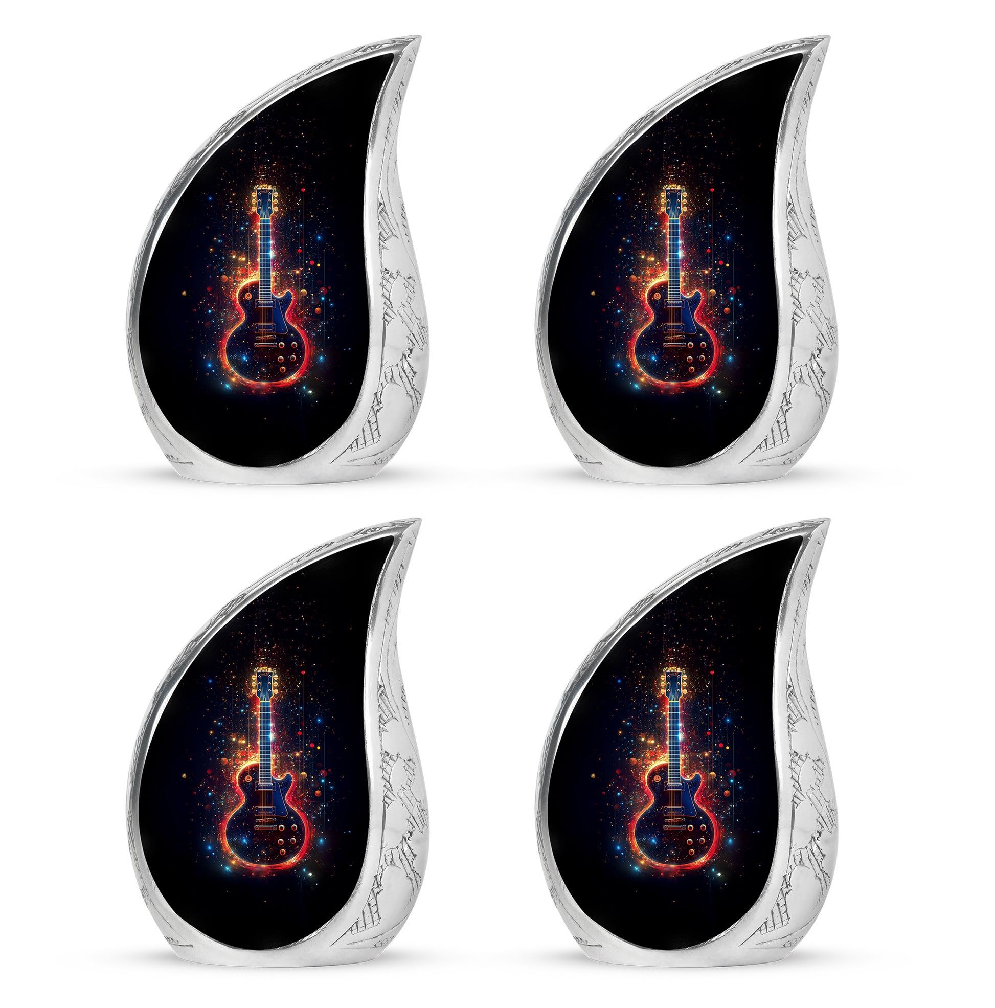 Rich Black Guitar Cremation Urn close-up of engraving and surface detail - rounded teardrop guitar design with delicate detail - 10 inch aluminum urn for cremated remains