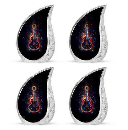 Rich Black Guitar Cremation Urn close-up of engraving and surface detail - rounded teardrop guitar design with delicate detail - 10 inch aluminum urn for cremated remains