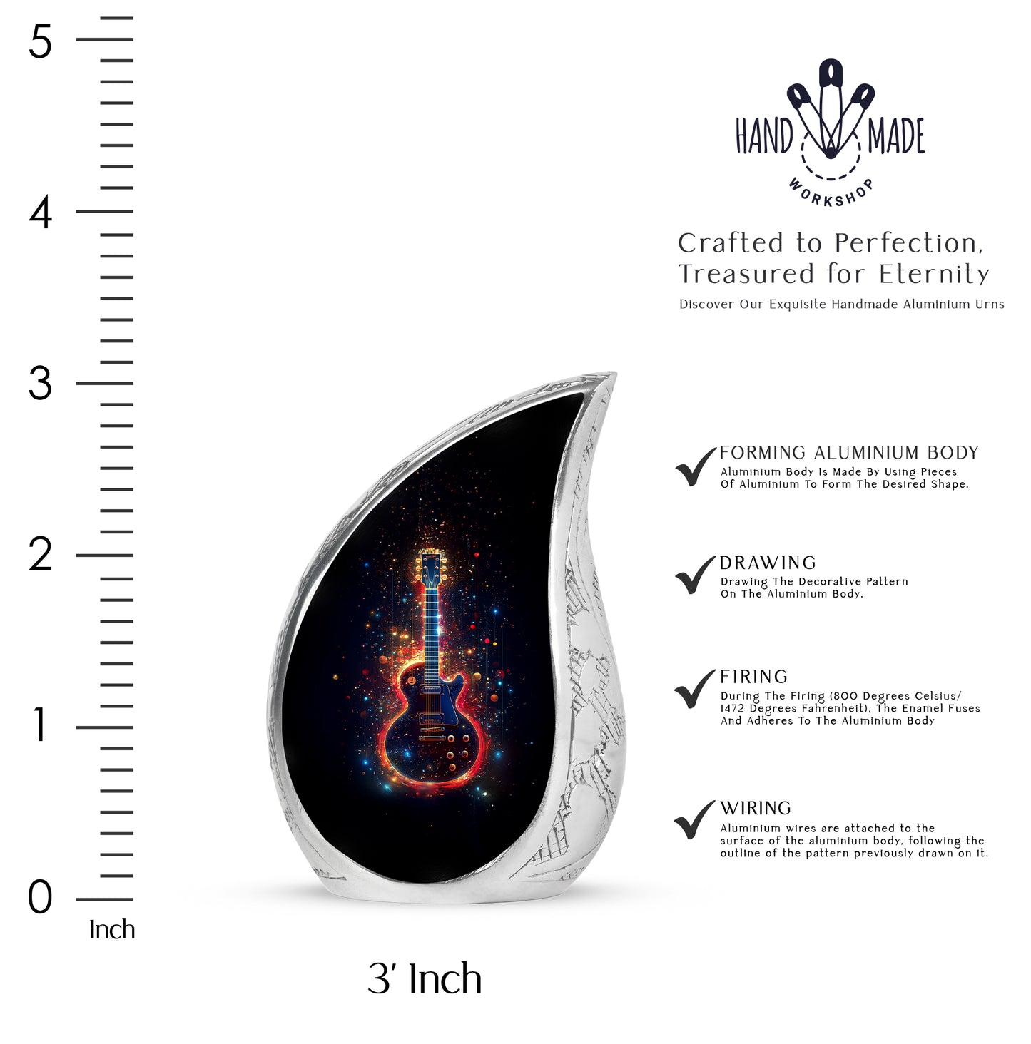 Onyx Black Guitar Cremation Urn angled view of lid and engraved motif - smooth teardrop contour featuring guitar art - mini keepsake memorial for portion of cremation ashes