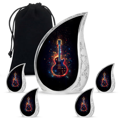 Rich Black Guitar Cremation Urn side profile showing urn shape - rounded teardrop guitar design with delicate detail - memorial set with one large and four small urns