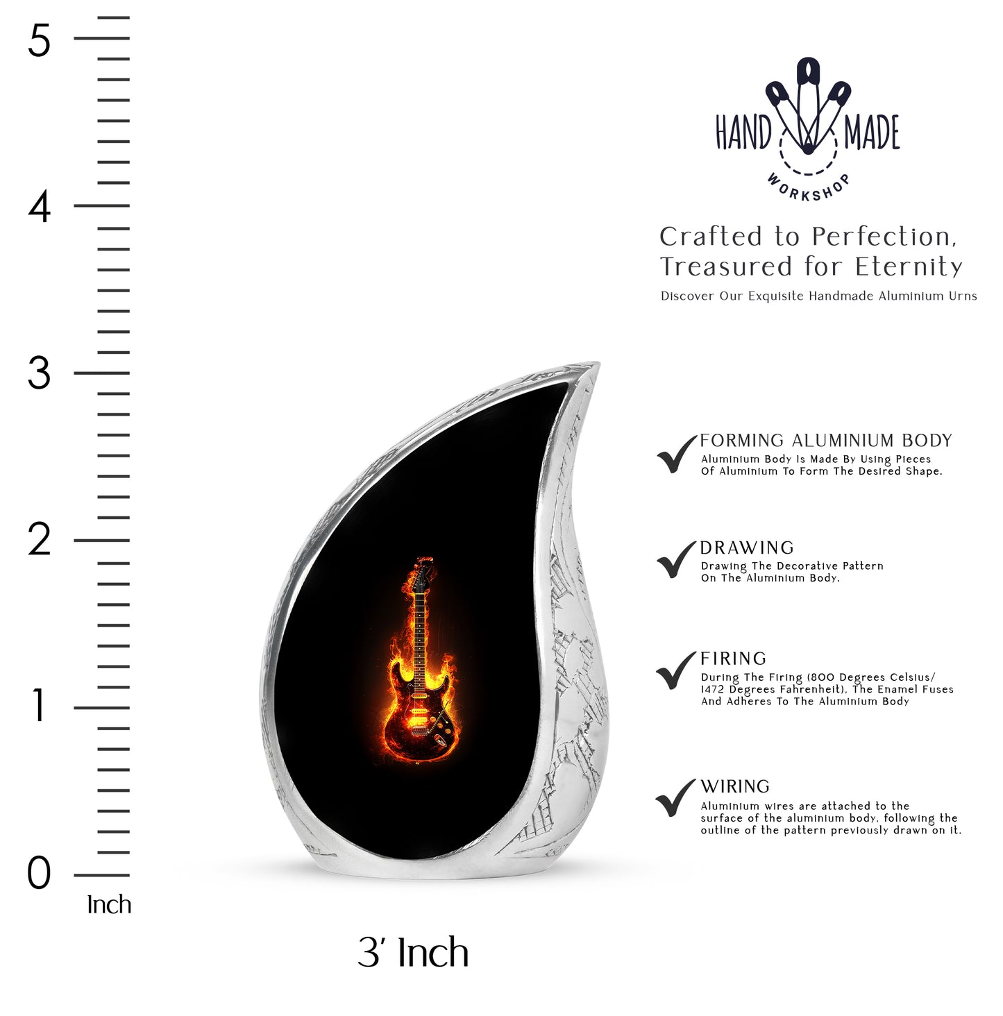 Charcoal Black Guitar Cremation Urn angled view of lid and engraved motif - smooth teardrop contour featuring guitar art - mini keepsake memorial for portion of cremation ashes