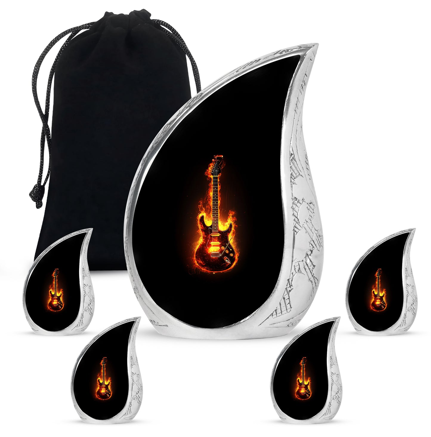 Obsidian Black Guitar Cremation Urn side profile showing urn shape - graceful tear-shaped urn with guitar motif - memorial set with one large and four small urns