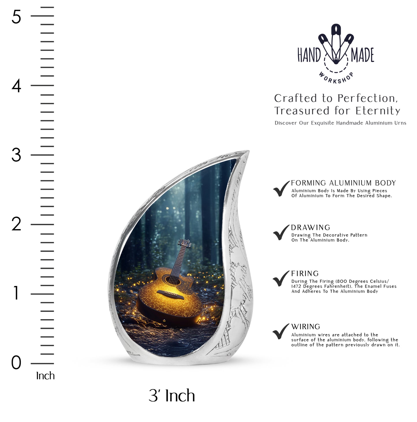 Vivid Blue Guitar Cremation Urn angled view of lid and engraved motif - smooth teardrop contour featuring guitar art - mini keepsake memorial for portion of cremation ashes