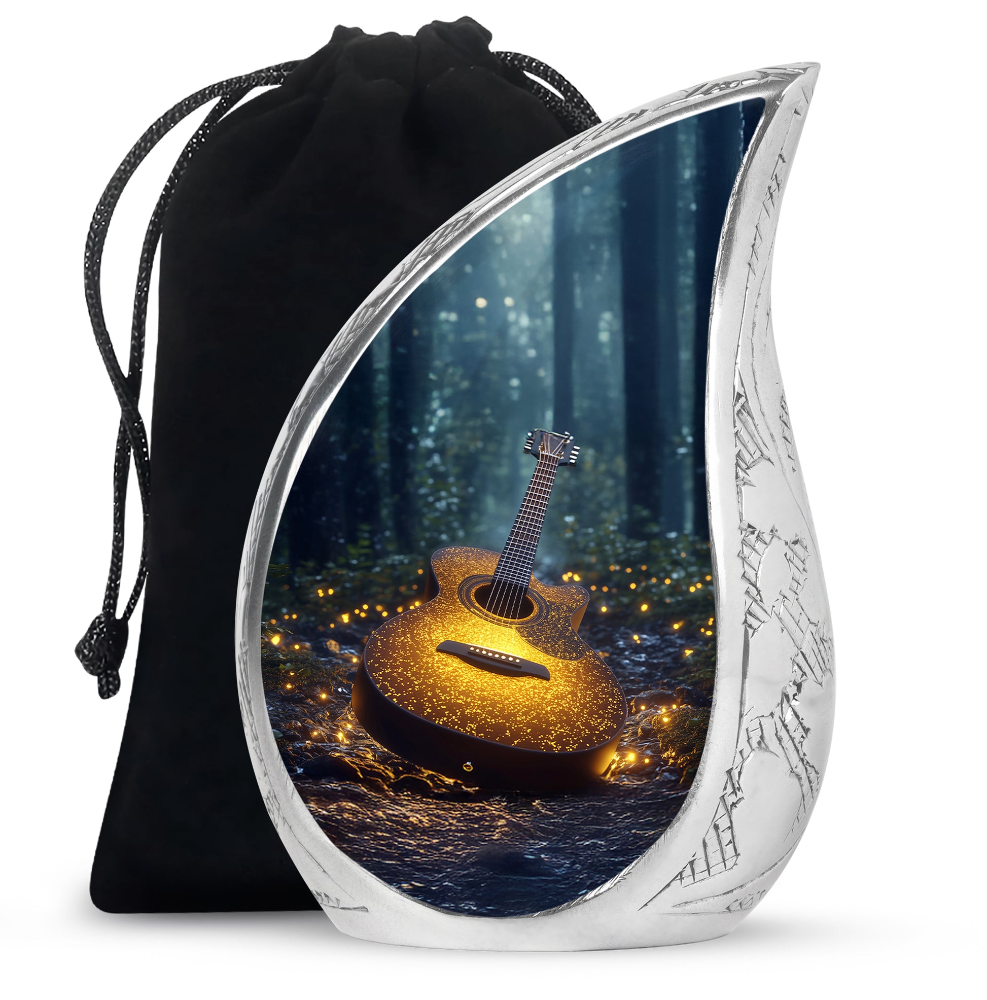 Azure Guitar Cremation Urn front view showing detailed design - rounded teardrop guitar design with delicate detail - full-size 10 inch 200 cubic inch adult cremation urn