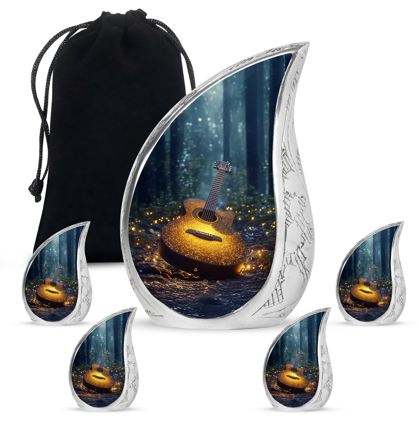 Icy Blue Guitar Cremation Urn side profile showing urn shape - flowing teardrop guitar silhouette on curved aluminum - memorial set with one large and four small urns