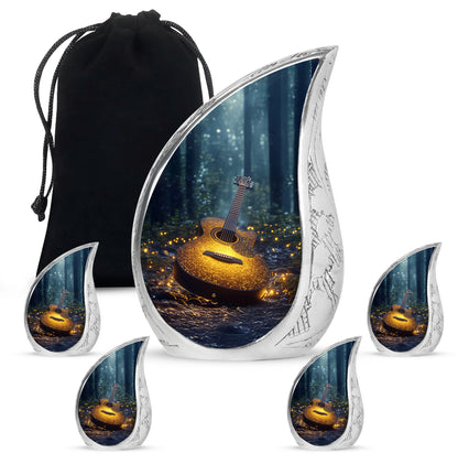Icy Blue Guitar Cremation Urn side profile showing urn shape - flowing teardrop guitar silhouette on curved aluminum - memorial set with one large and four small urns