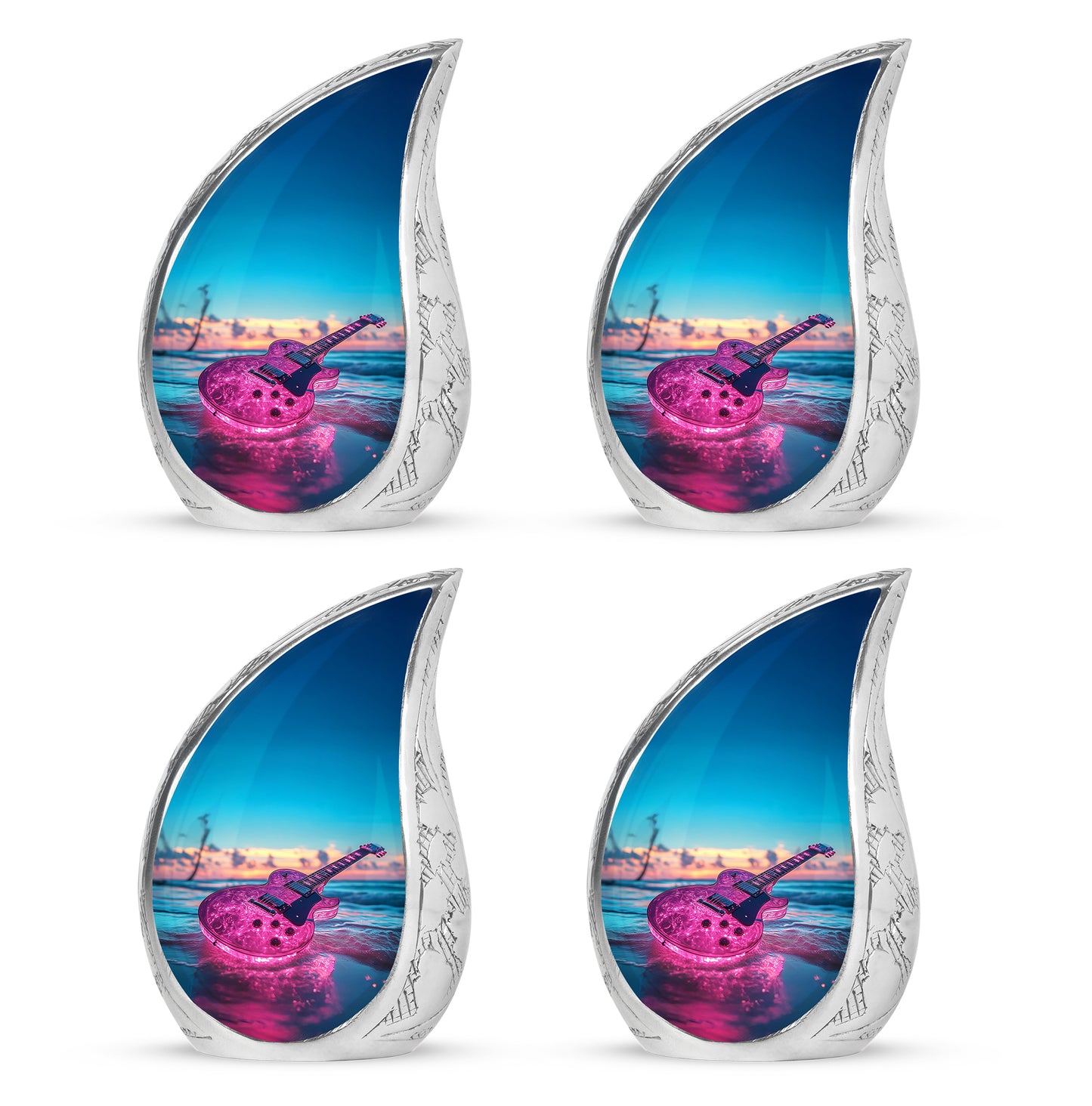 Ocean Teal Guitar Cremation Urn close-up of engraving and surface detail - flowing teardrop guitar silhouette on curved aluminum - 10 inch aluminum urn for cremated remains