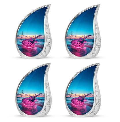 Ocean Teal Guitar Cremation Urn close-up of engraving and surface detail - flowing teardrop guitar silhouette on curved aluminum - 10 inch aluminum urn for cremated remains