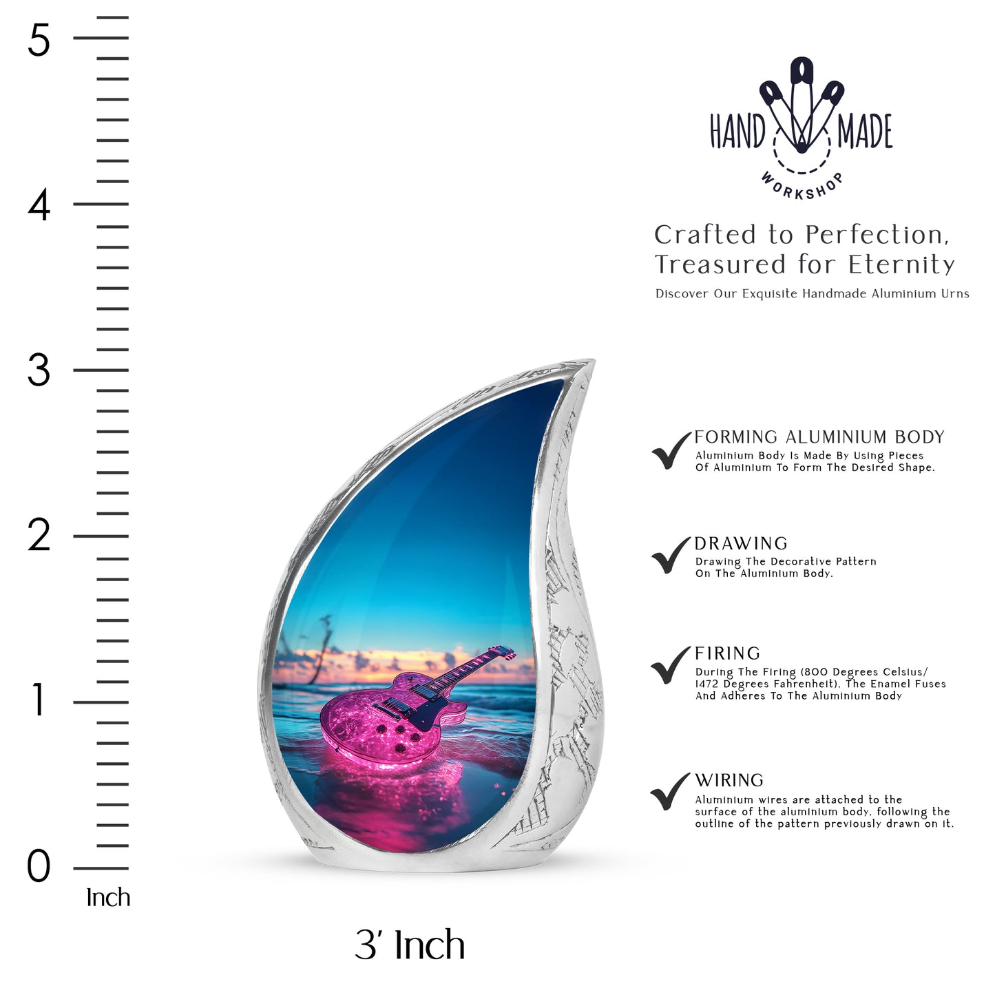 Vivid Teal Guitar Cremation Urn angled view of lid and engraved motif - smooth teardrop contour featuring guitar art - mini keepsake memorial for portion of cremation ashes