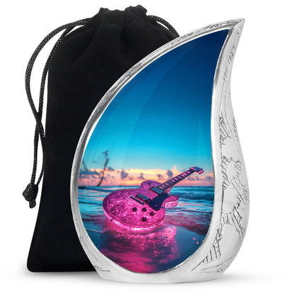 Sea Green Teal Guitar Cremation Urn front view showing detailed design - flowing teardrop guitar silhouette on curved aluminum - full-size 10 inch 200 cubic inch adult cremation urn