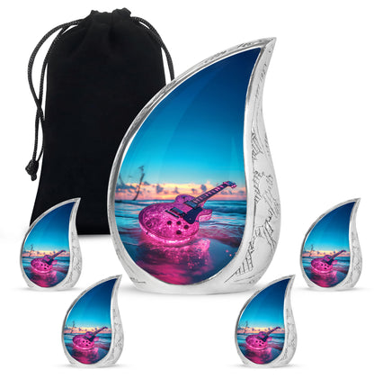 Sea Green Teal Guitar Cremation Urn side profile showing urn shape - flowing teardrop guitar silhouette on curved aluminum - memorial set with one large and four small urns