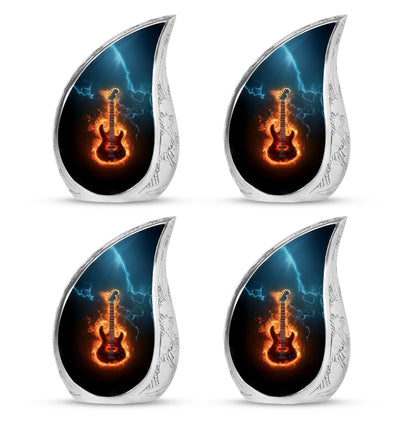 Charcoal Black Guitar Cremation Urn close-up of engraving and surface detail - smooth teardrop contour featuring guitar art - 10 inch aluminum urn for cremated remains