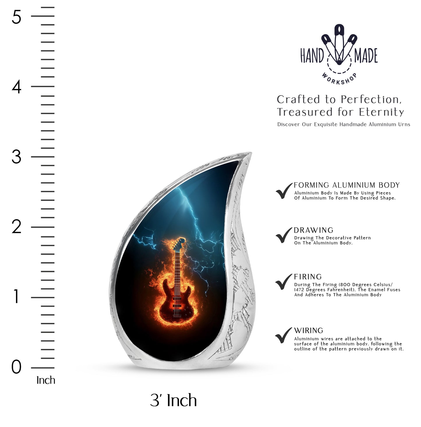 Ebony Guitar Cremation Urn angled view of lid and engraved motif - flowing teardrop guitar silhouette on curved aluminum - mini keepsake memorial for portion of cremation ashes