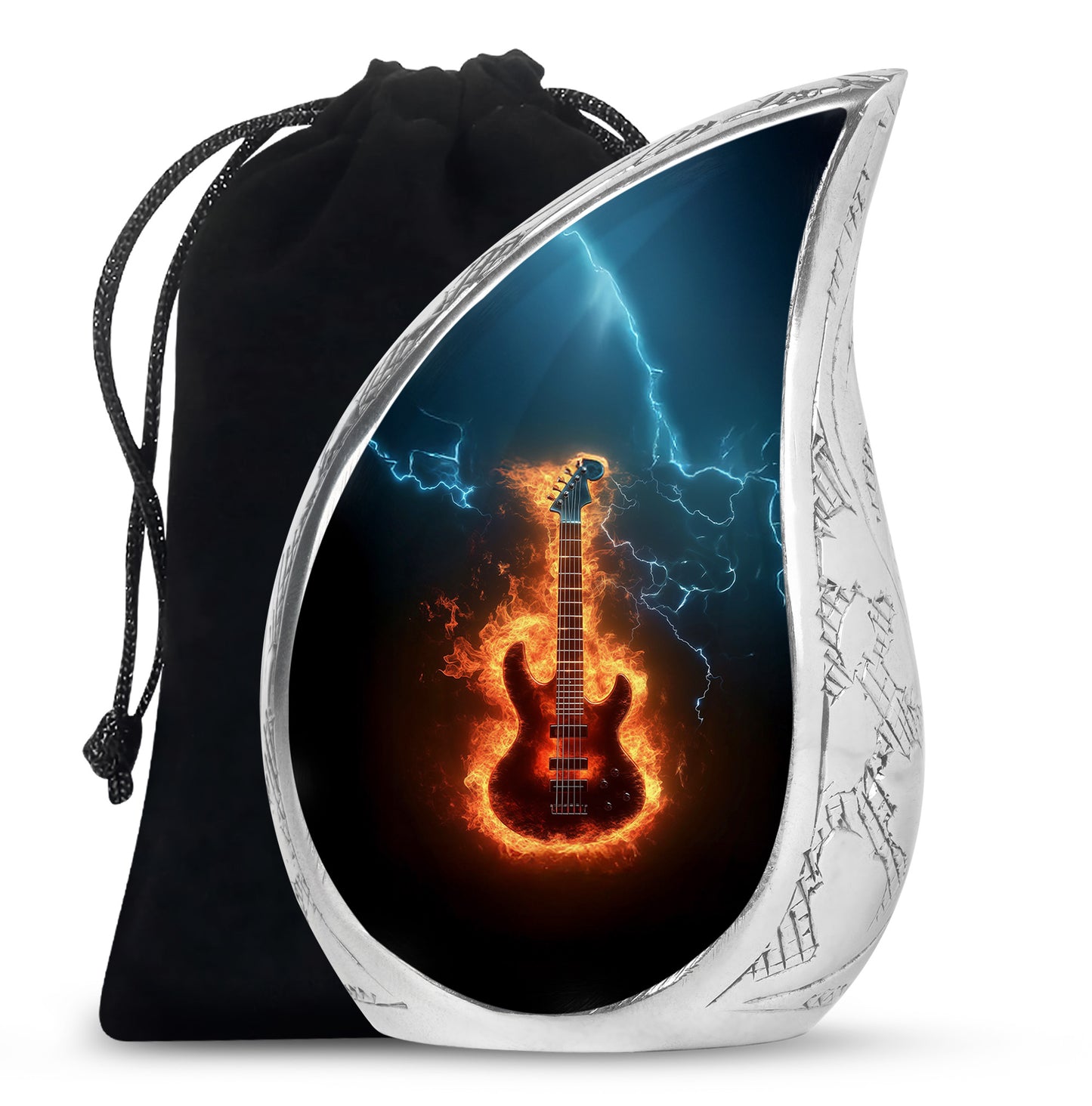 Rich Black Guitar Cremation Urn front view showing detailed design - rounded teardrop guitar design with delicate detail - full-size 10 inch 200 cubic inch adult cremation urn