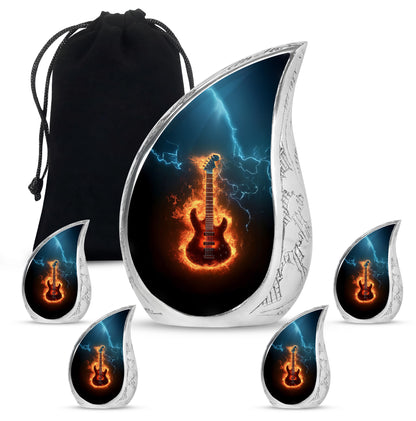 Rich Black Guitar Cremation Urn side profile showing urn shape - rounded teardrop guitar design with delicate detail - memorial set with one large and four small urns