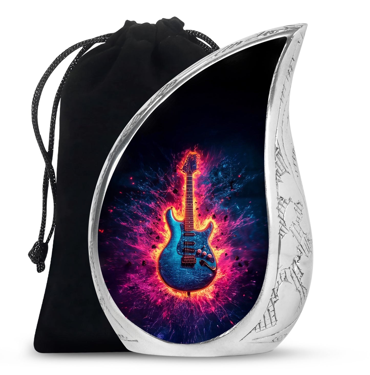 Midnight Black Guitar Cremation Urn front view showing detailed design - graceful tear-shaped urn with guitar motif - full-size 10 inch 200 cubic inch adult cremation urn