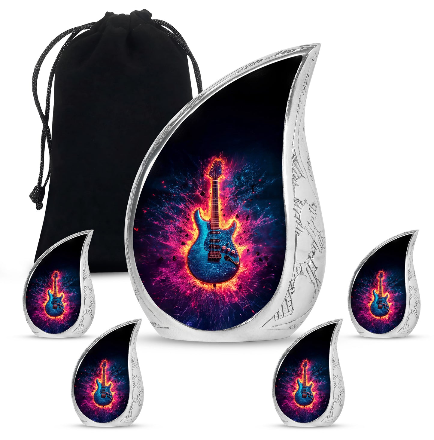 Obsidian Black Guitar Cremation Urn side profile showing urn shape - graceful tear-shaped urn with guitar motif - memorial set with one large and four small urns