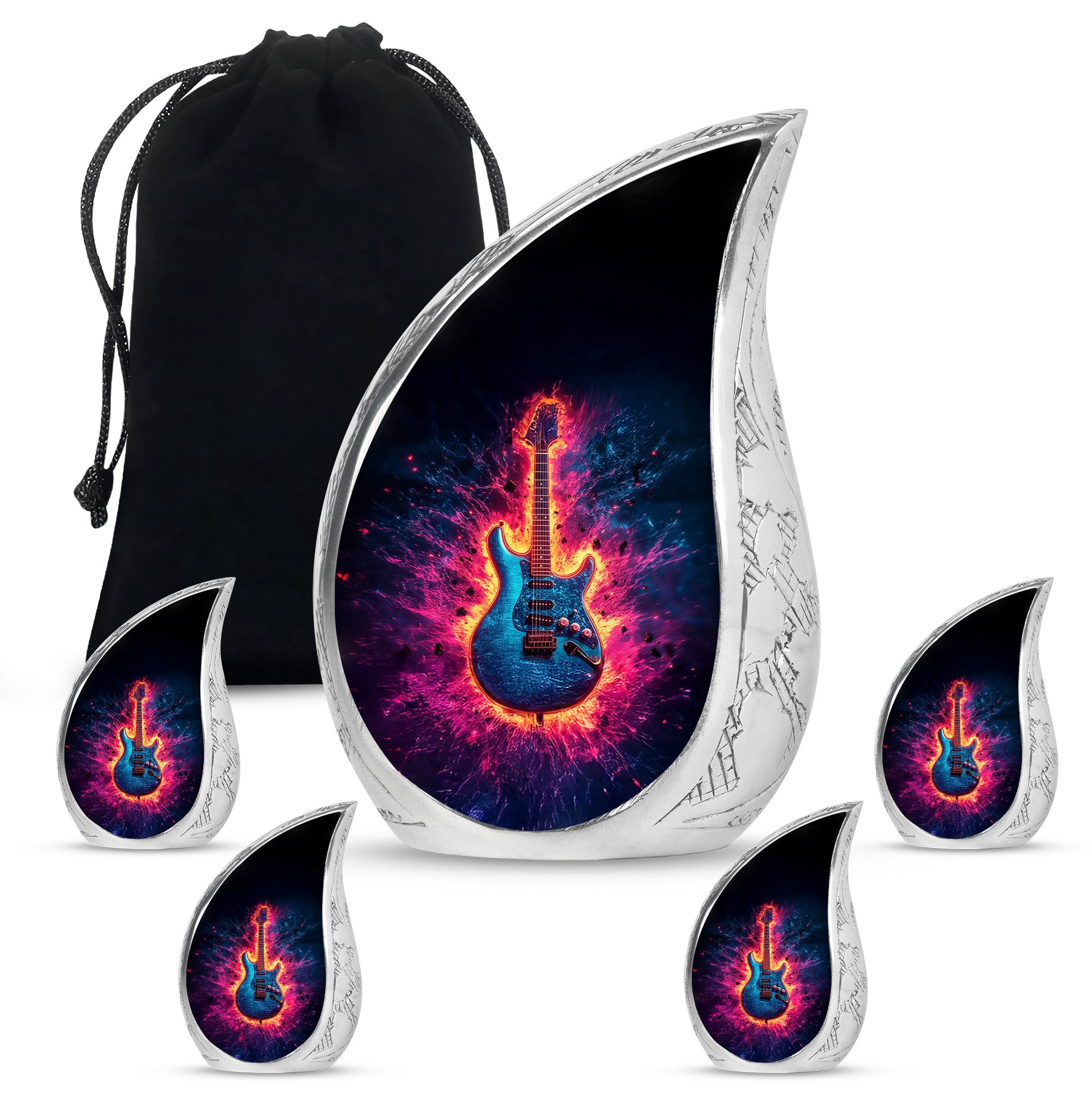 Obsidian Black Guitar Cremation Urn side profile showing urn shape - graceful tear-shaped urn with guitar motif - memorial set with one large and four small urns