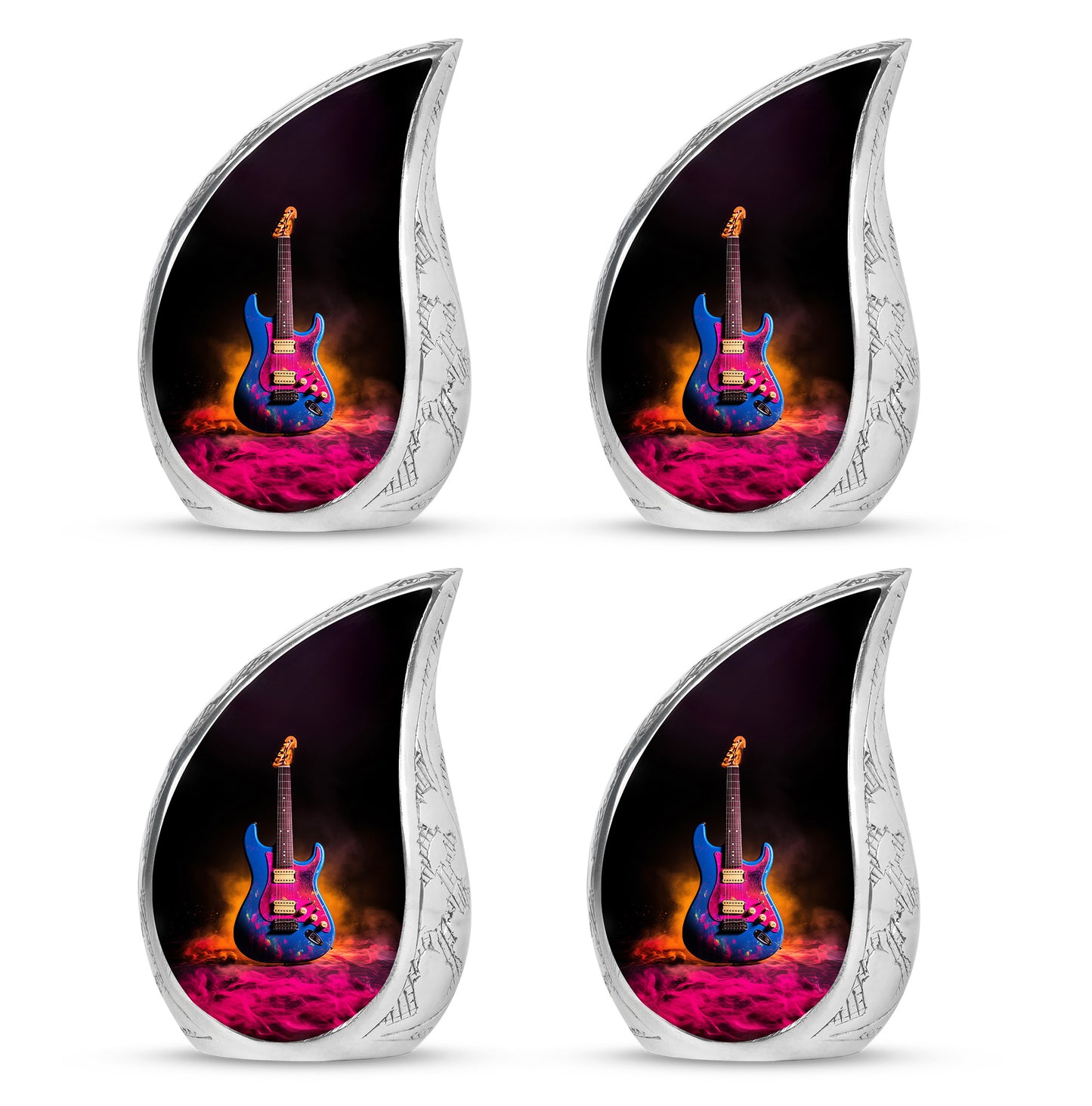 Deep Black Guitar Cremation Urn close-up of engraving and surface detail - rounded teardrop guitar design with delicate detail - 10 inch aluminum urn for cremated remains