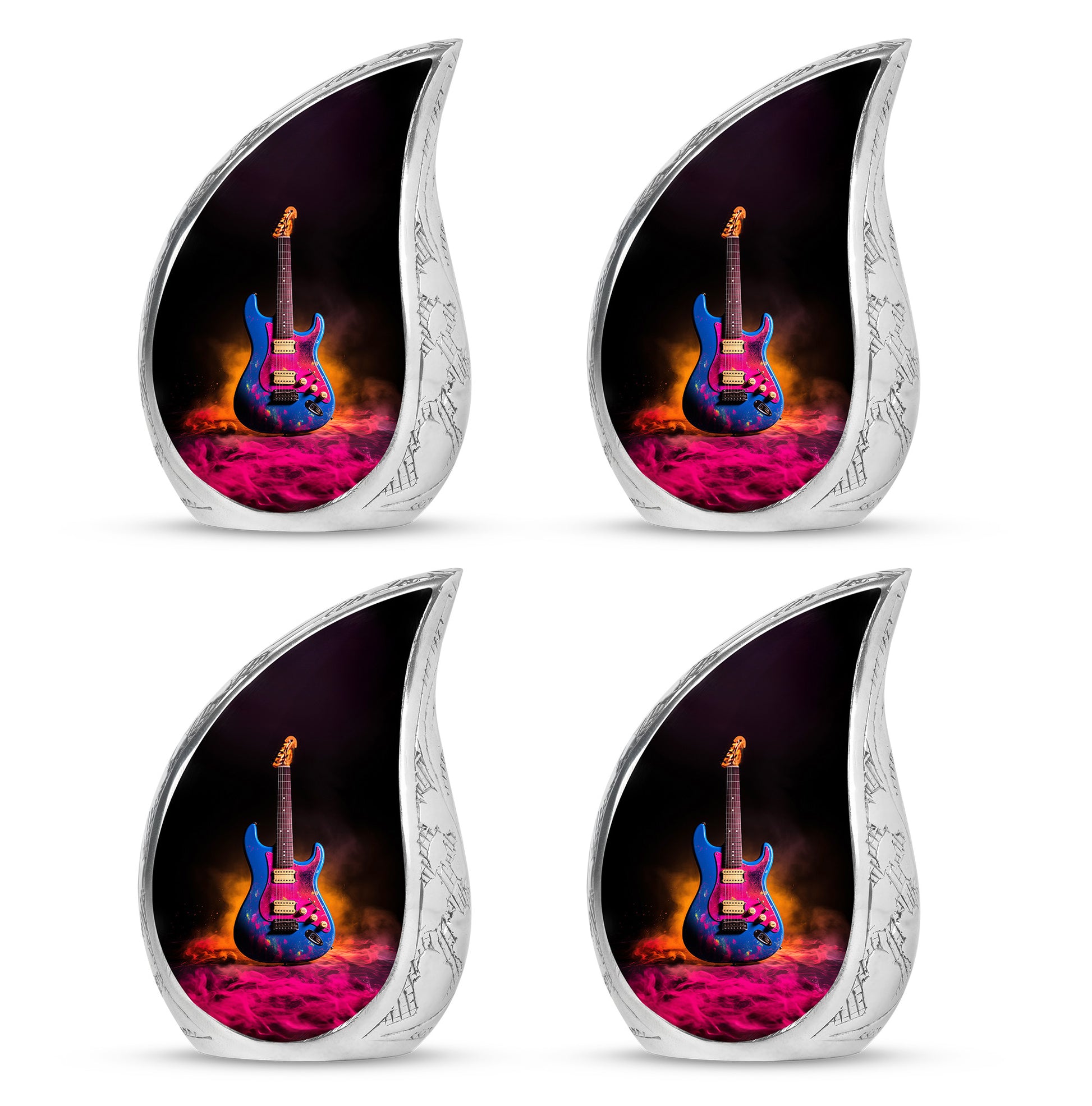 Deep Black Guitar Cremation Urn close-up of engraving and surface detail - rounded teardrop guitar design with delicate detail - 10 inch aluminum urn for cremated remains