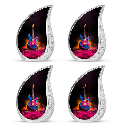 Deep Black Guitar Cremation Urn close-up of engraving and surface detail - rounded teardrop guitar design with delicate detail - 10 inch aluminum urn for cremated remains