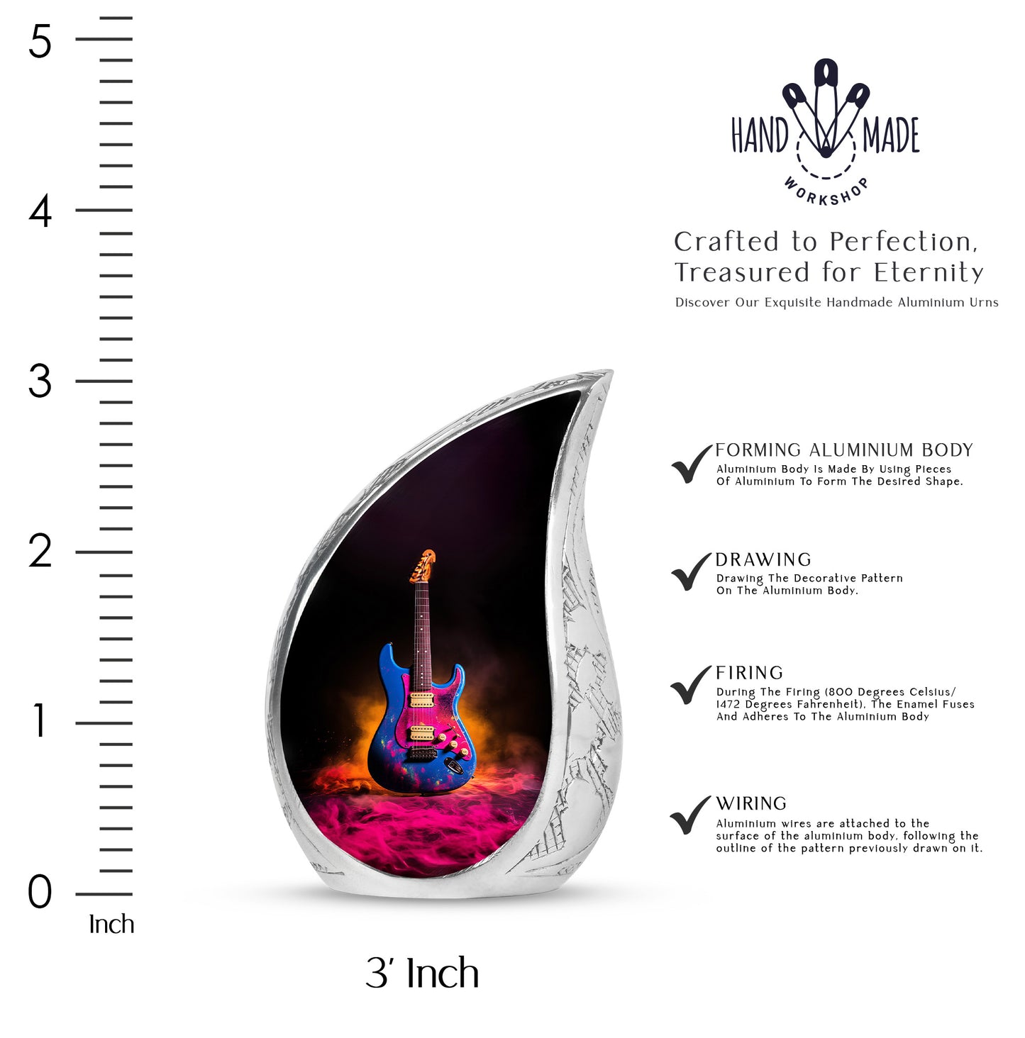 Dark Black Guitar Cremation Urn angled view of lid and engraved motif - smooth teardrop contour featuring guitar art - mini keepsake memorial for portion of cremation ashes