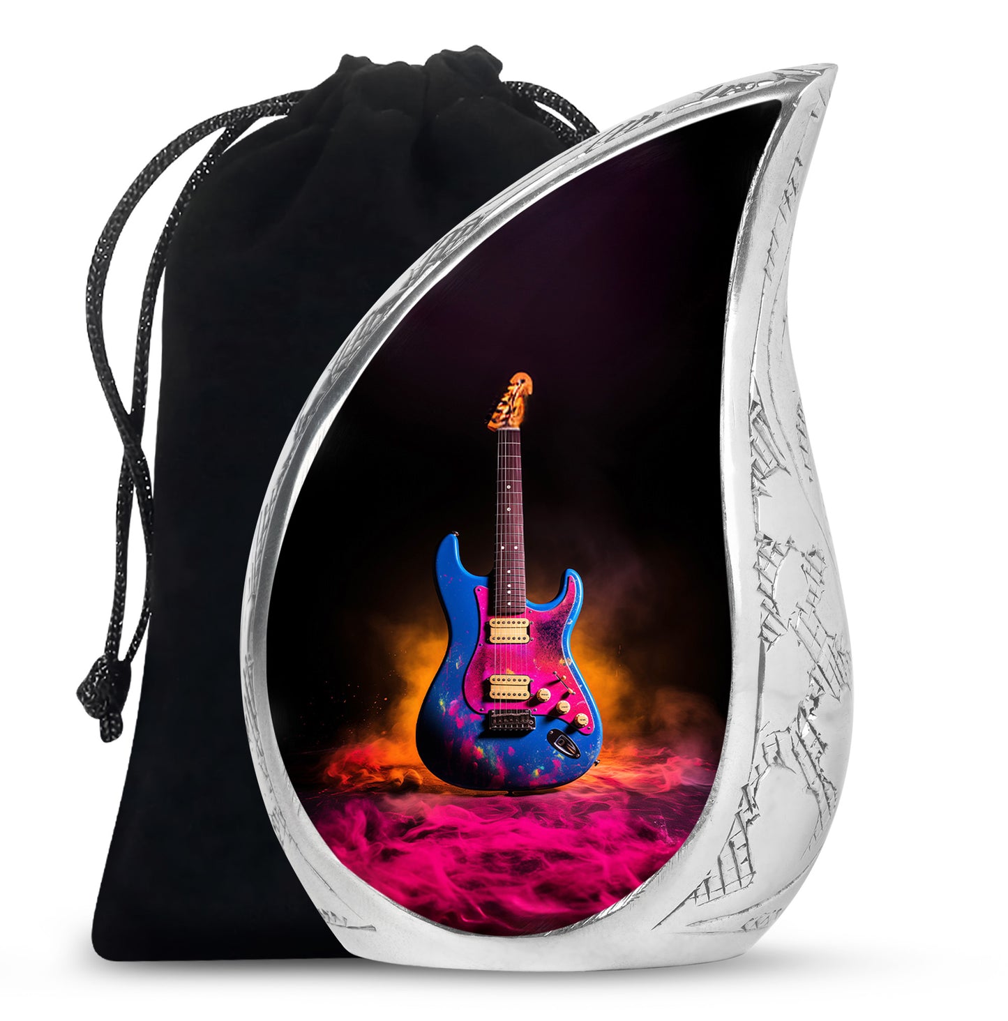 Obsidian Black Guitar Cremation Urn front view showing detailed design - graceful tear-shaped urn with guitar motif - full-size 10 inch 200 cubic inch adult cremation urn