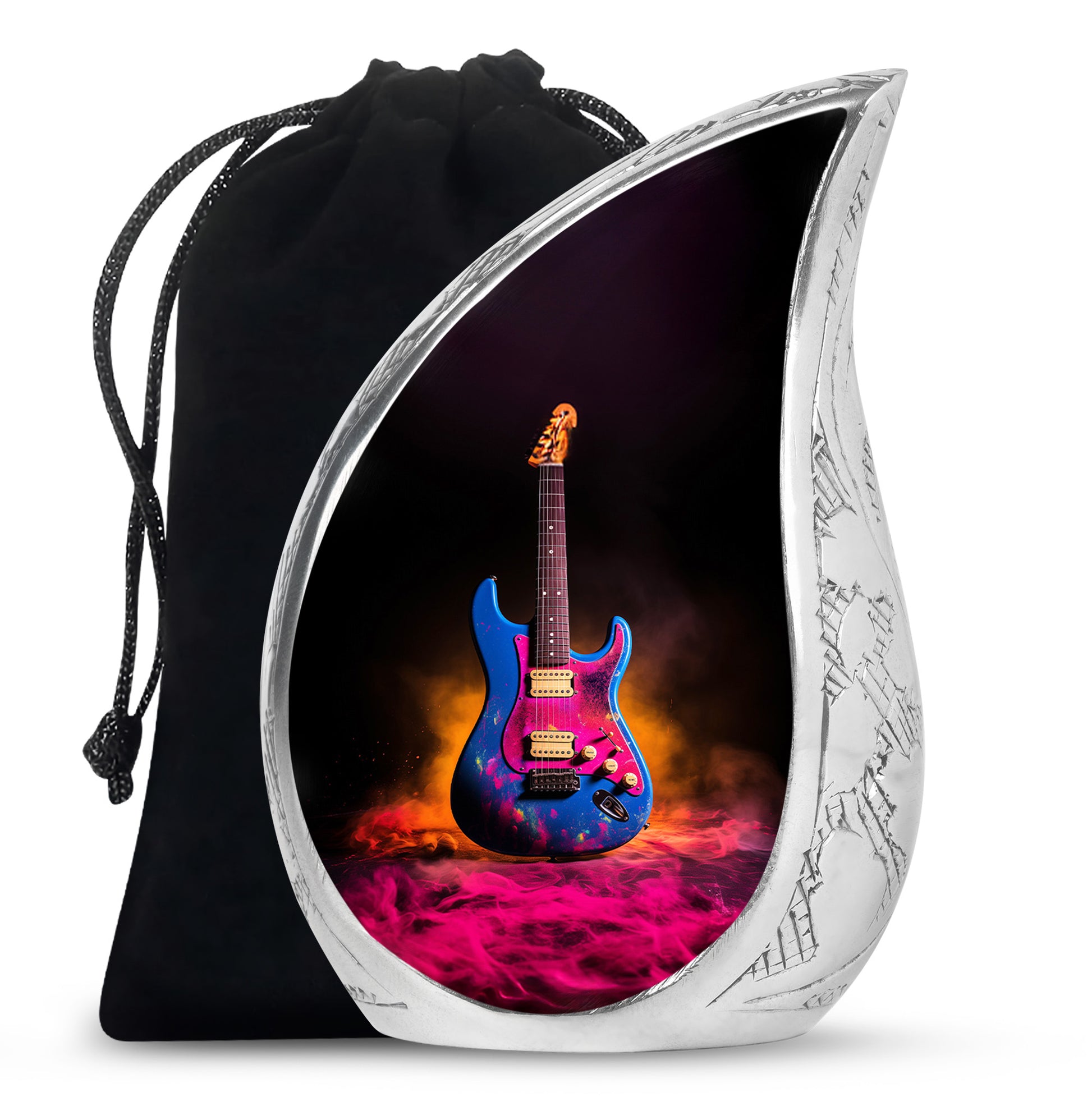 Obsidian Black Guitar Cremation Urn front view showing detailed design - graceful tear-shaped urn with guitar motif - full-size 10 inch 200 cubic inch adult cremation urn