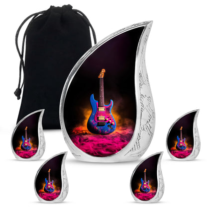 Dark Black Guitar Cremation Urn side profile showing urn shape - smooth teardrop contour featuring guitar art - memorial set with one large and four small urns