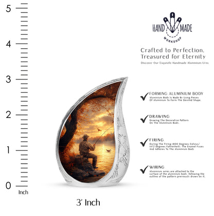 Gilded Gold Fishing Cremation Urn angled view of lid and engraved motif - rounded teardrop fishing design with delicate detail - mini keepsake memorial for portion of cremation ashes
