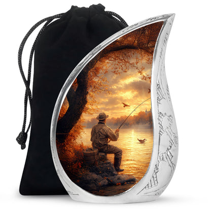 Warm Gold Fishing Cremation Urn front view showing detailed design - smooth teardrop contour featuring fishing art - full-size 10 inch 200 cubic inch adult cremation urn
