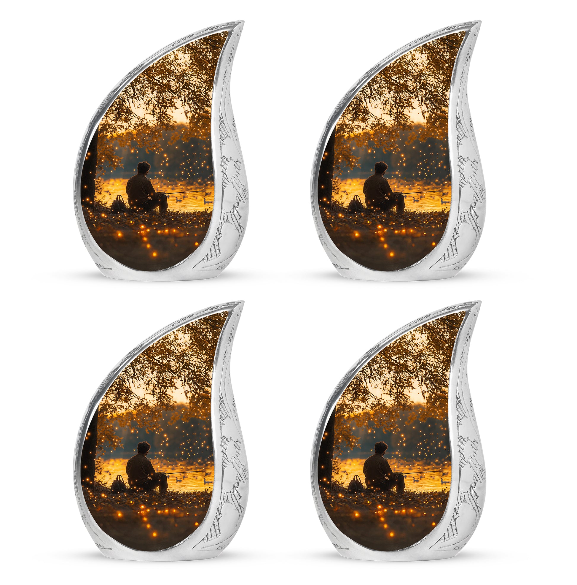 Champagne Gold Fishing Cremation Urn close-up of engraving and surface detail - rounded teardrop fishing design with delicate detail - 10 inch aluminum urn for cremated remains