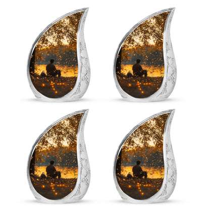 Champagne Gold Fishing Cremation Urn close-up of engraving and surface detail - rounded teardrop fishing design with delicate detail - 10 inch aluminum urn for cremated remains
