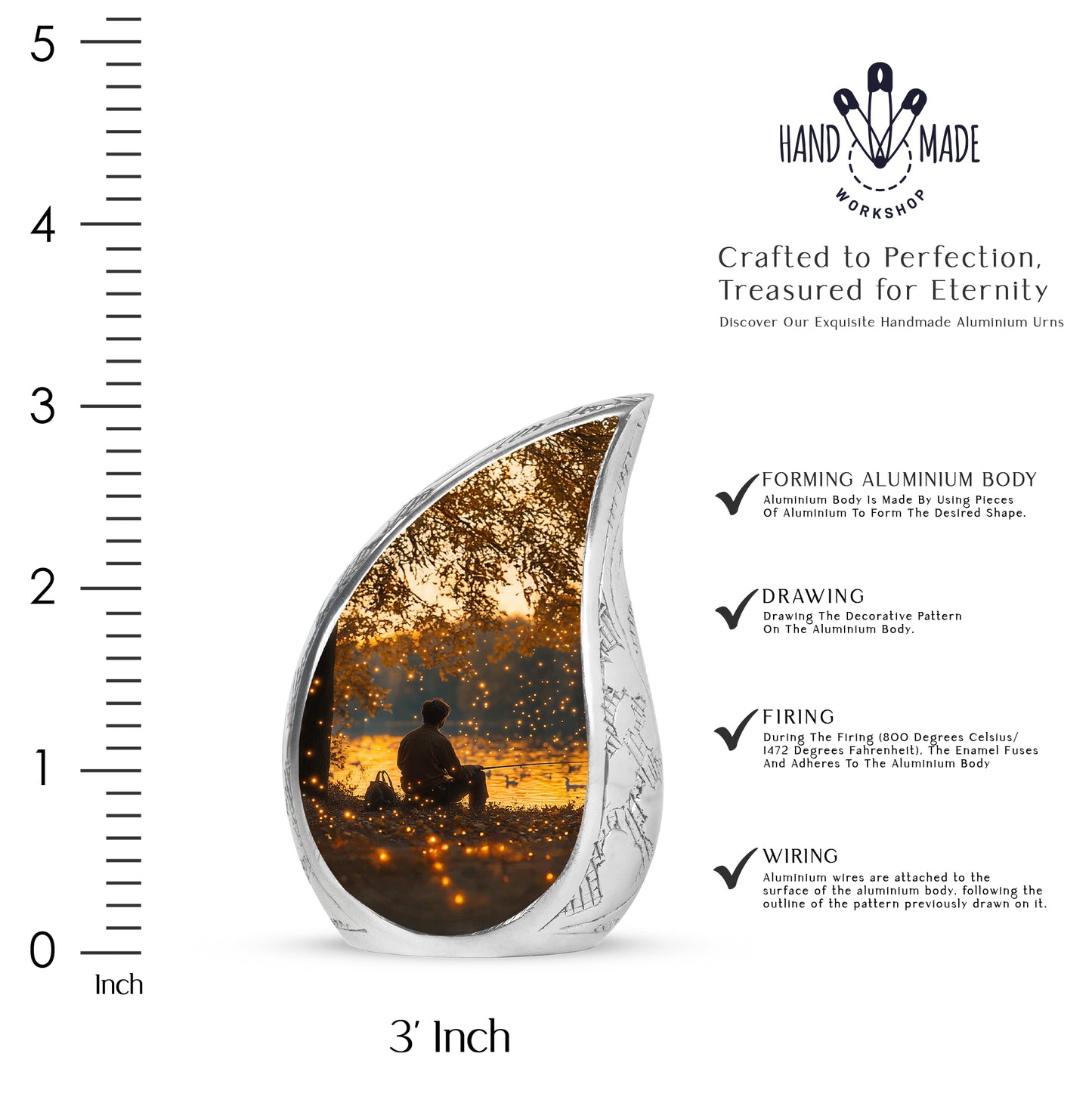 Gilded Gold Fishing Cremation Urn angled view of lid and engraved motif - flowing teardrop fishing silhouette on curved aluminum - mini keepsake memorial for portion of cremation ashes