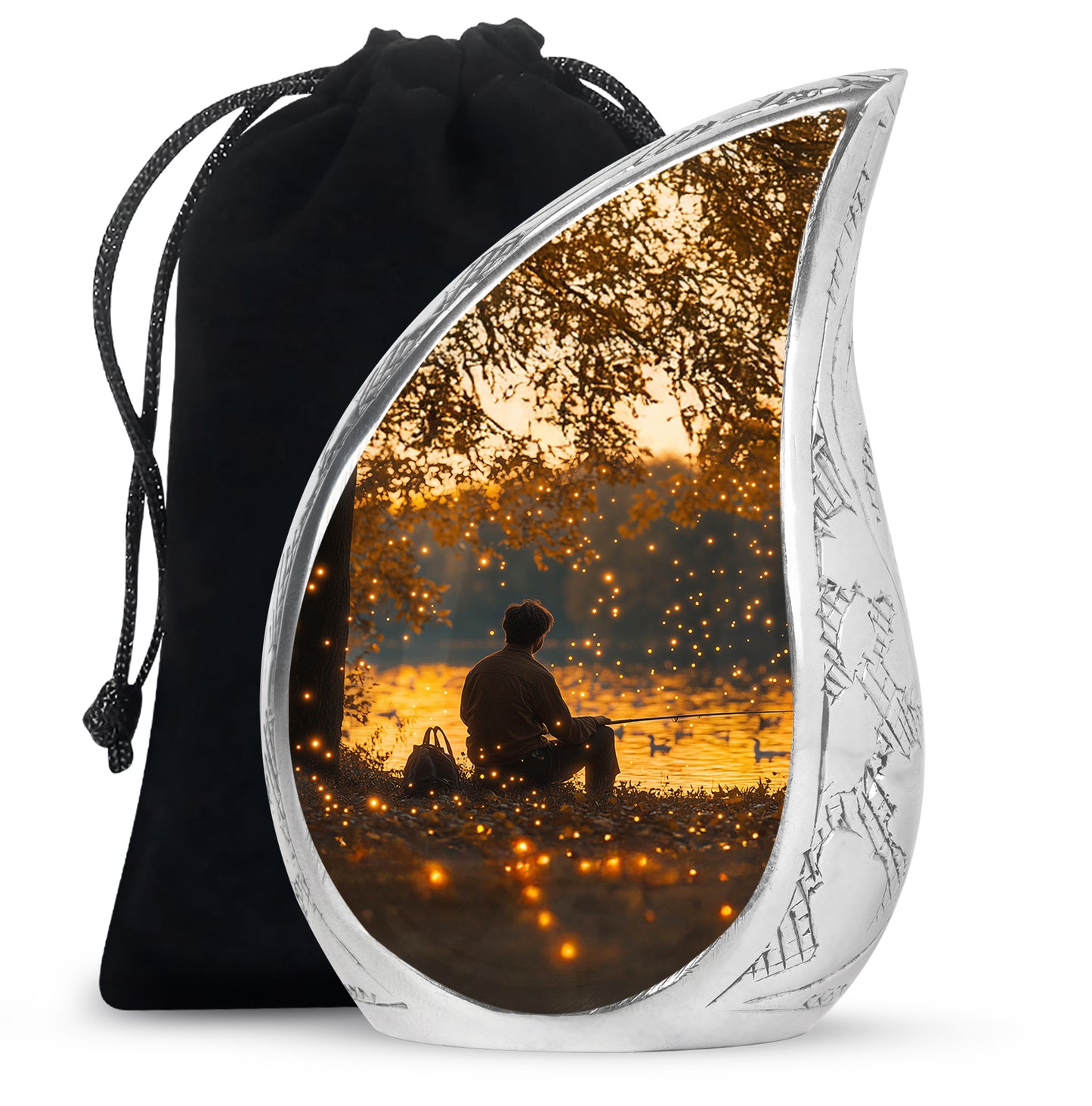 Antique Gold Fishing Cremation Urn front view showing detailed design - flowing teardrop fishing silhouette on curved aluminum - full-size 10 inch 200 cubic inch adult cremation urn
