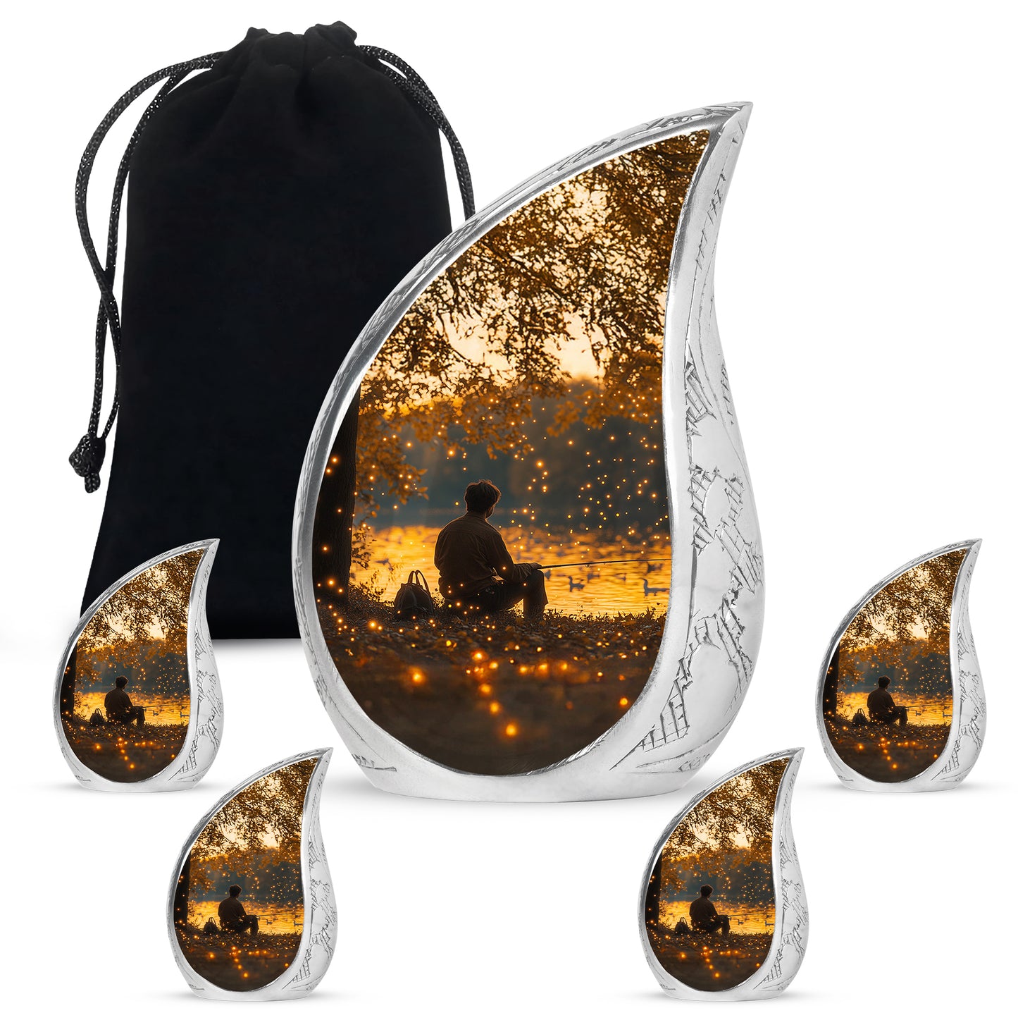 Gilded Gold Fishing Cremation Urn side profile showing urn shape - flowing teardrop fishing silhouette on curved aluminum - memorial set with one large and four small urns