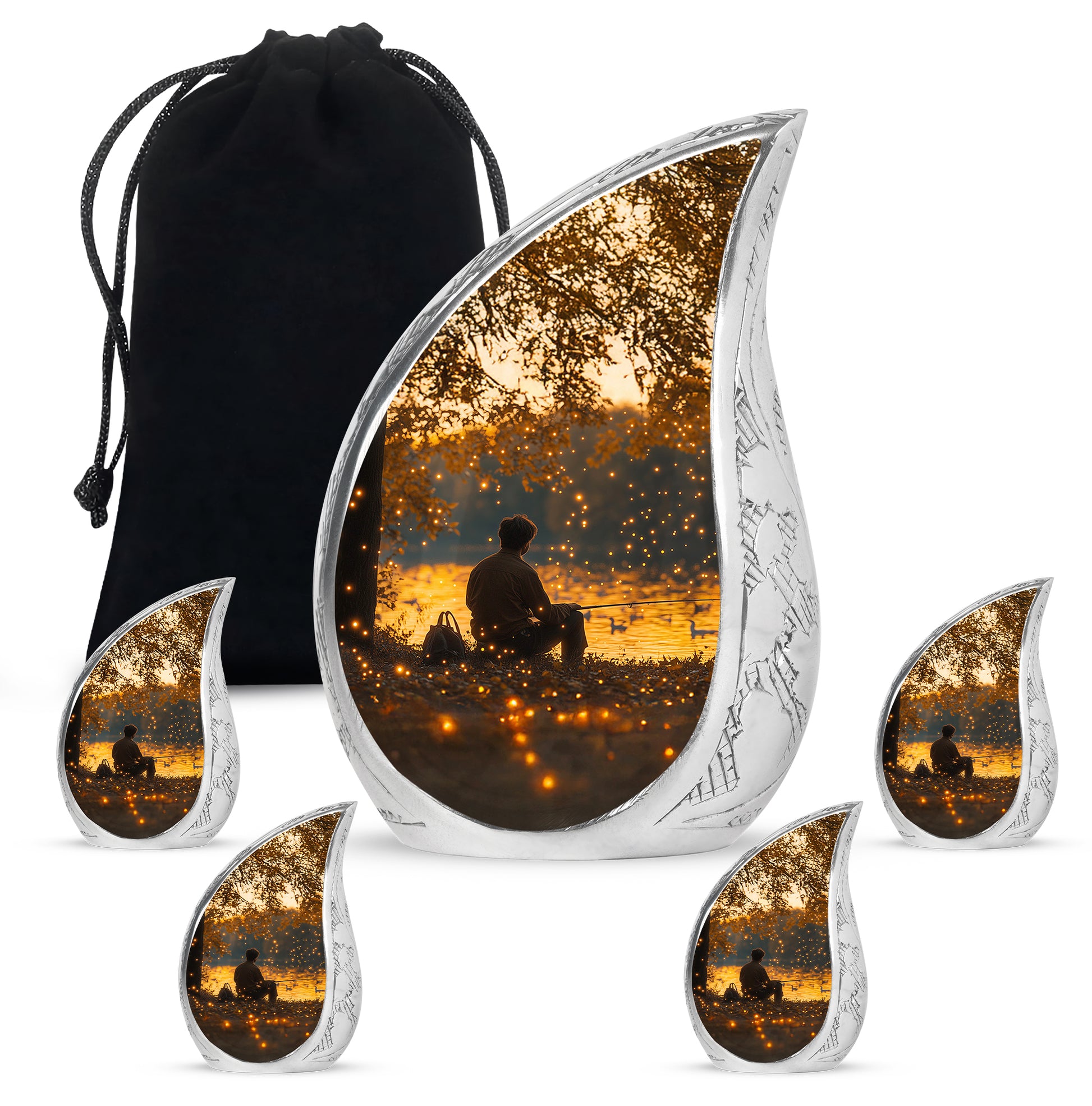 Gilded Gold Fishing Cremation Urn side profile showing urn shape - flowing teardrop fishing silhouette on curved aluminum - memorial set with one large and four small urns