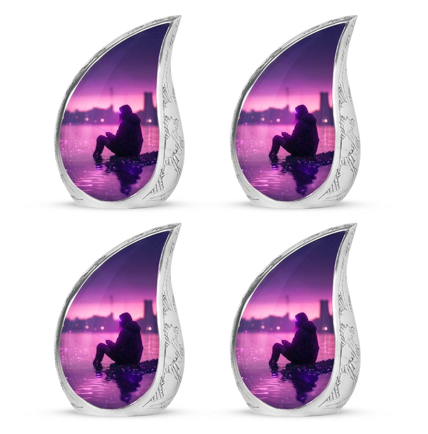 Grape Purple Fishing Cremation Urn close-up of engraving and surface detail - graceful tear-shaped urn with fishing motif - 10 inch aluminum urn for cremated remains