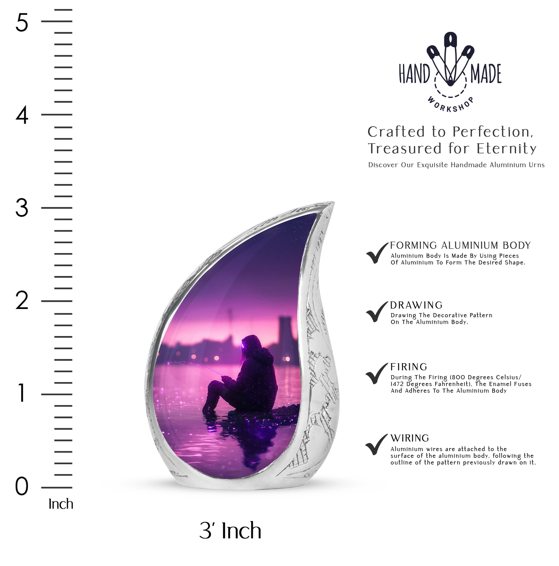 Amethyst Purple Fishing Cremation Urn angled view of lid and engraved motif - rounded teardrop fishing design with delicate detail - mini keepsake memorial for portion of cremation ashes