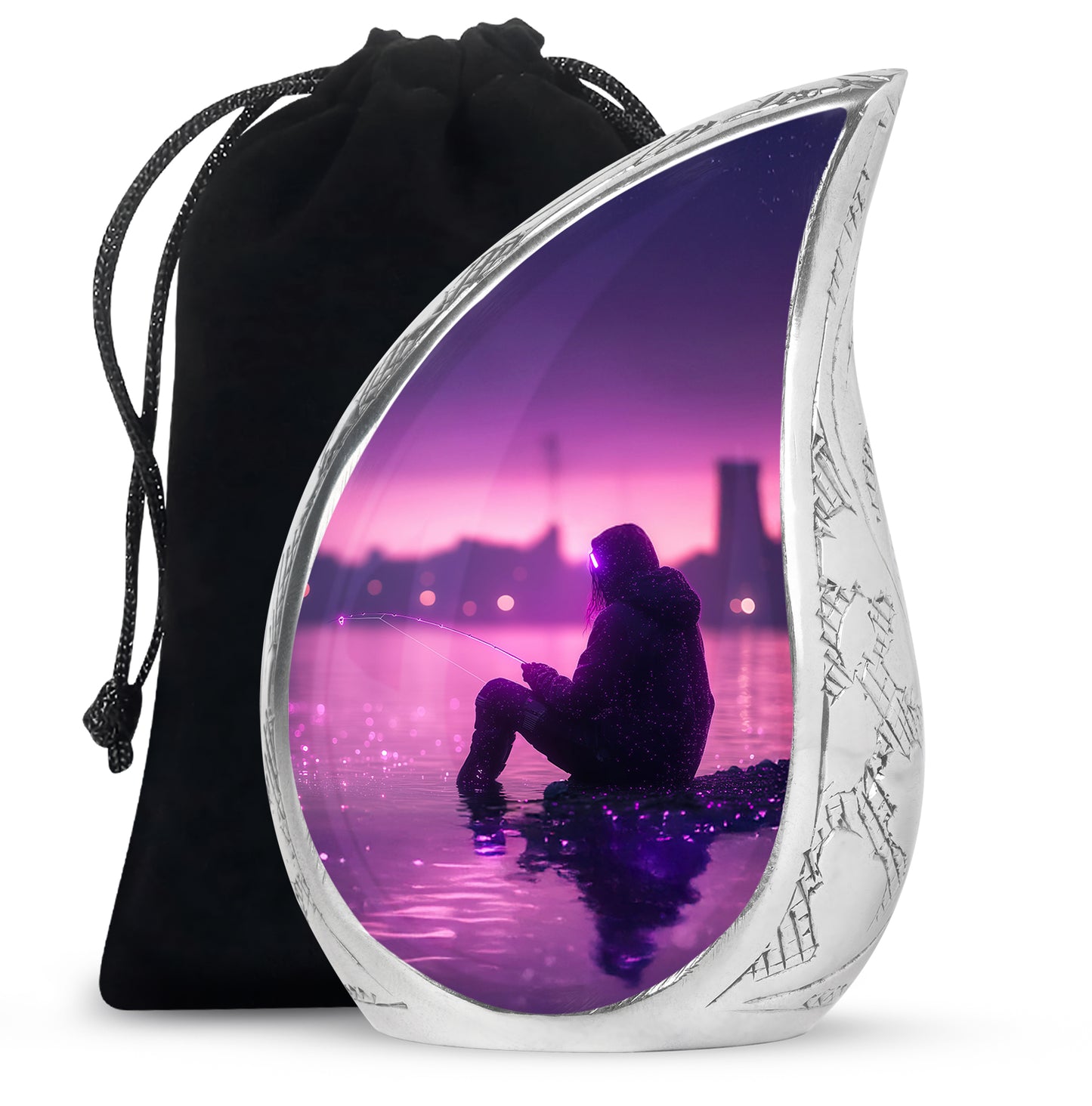 Violet Purple Fishing Cremation Urn front view showing detailed design - graceful tear-shaped urn with fishing motif - full-size 10 inch 200 cubic inch adult cremation urn