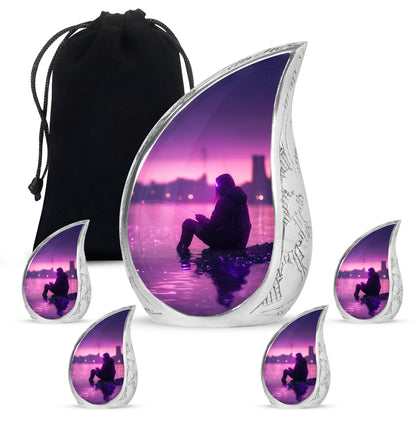 Amethyst Purple Fishing Cremation Urn side profile showing urn shape - rounded teardrop fishing design with delicate detail - memorial set with one large and four small urns