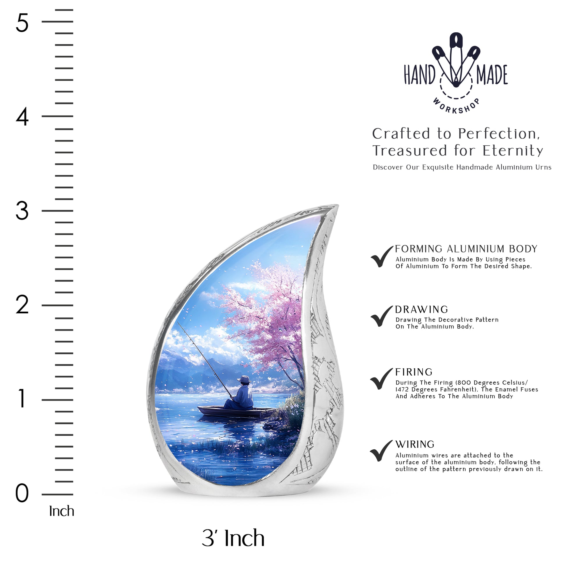 Icy Blue Fishing Cremation Urn angled view of lid and engraved motif - rounded teardrop fishing design with delicate detail - mini keepsake memorial for portion of cremation ashes