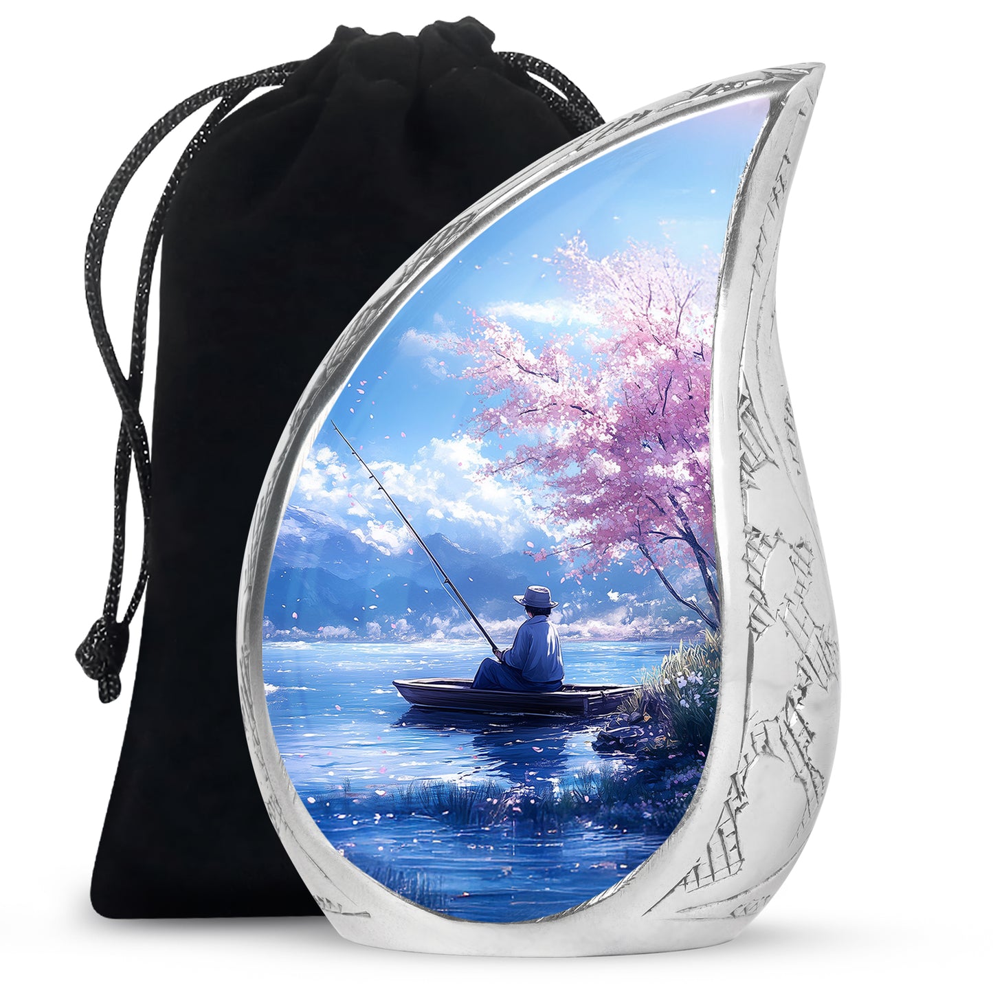 Slate Blue Fishing Cremation Urn front view showing detailed design - rounded teardrop fishing design with delicate detail - full-size 10 inch 200 cubic inch adult cremation urn