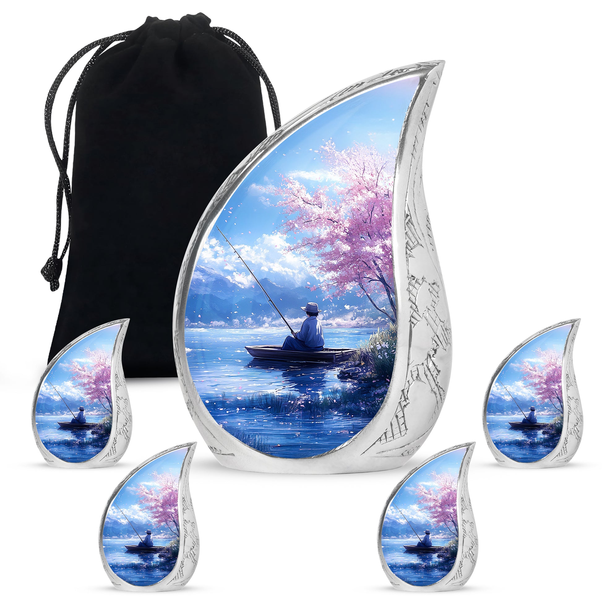 Serene Blue Fishing Cremation Urn side profile showing urn shape - graceful tear-shaped urn with fishing motif - memorial set with one large and four small urns