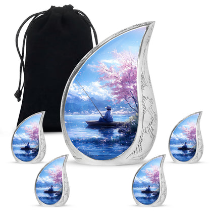 Serene Blue Fishing Cremation Urn side profile showing urn shape - graceful tear-shaped urn with fishing motif - memorial set with one large and four small urns