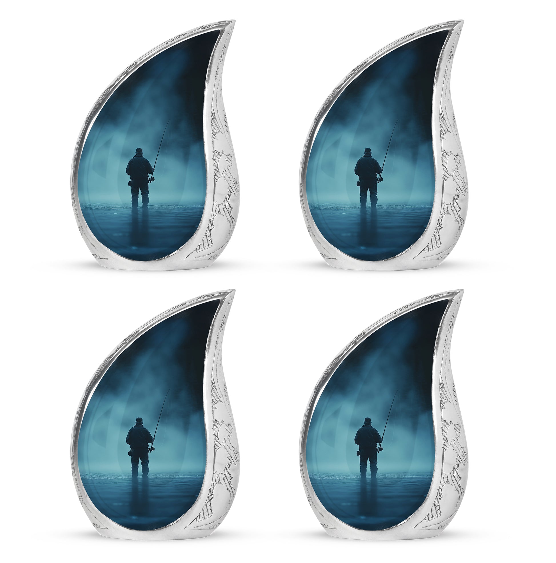Twilight Blue Fishing Cremation Urn close-up of engraving and surface detail - smooth teardrop contour featuring fishing art - 10 inch aluminum urn for cremated remains