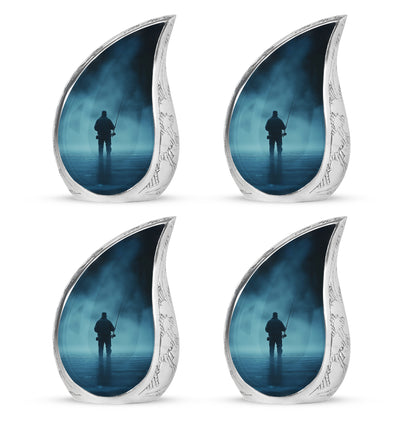 Twilight Blue Fishing Cremation Urn close-up of engraving and surface detail - smooth teardrop contour featuring fishing art - 10 inch aluminum urn for cremated remains