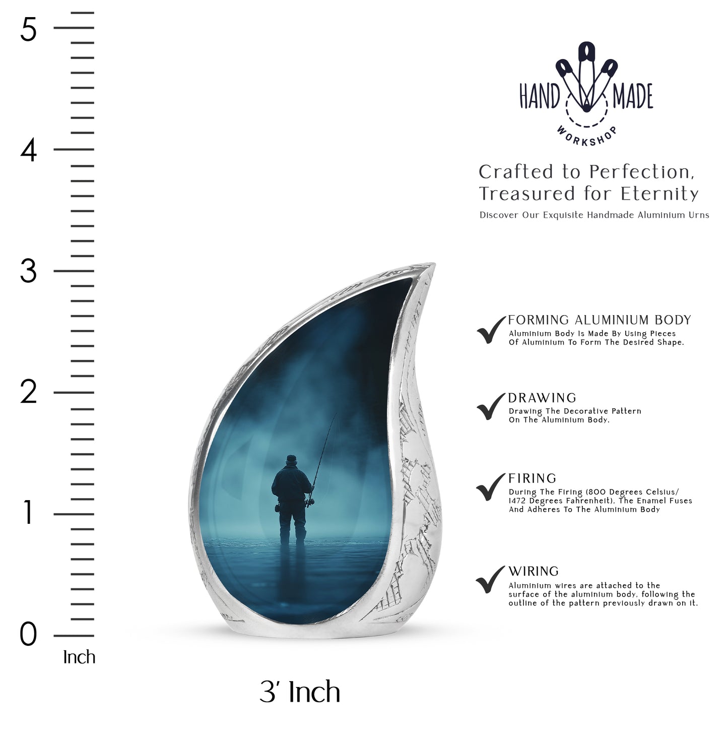 Sapphire Blue Fishing Cremation Urn angled view of lid and engraved motif - smooth teardrop contour featuring fishing art - mini keepsake memorial for portion of cremation ashes